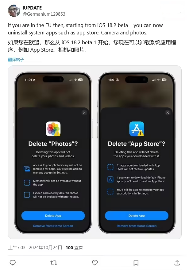 西沙苹果手机维修分享iOS 18.2 支持删除 App Store 应用商店 